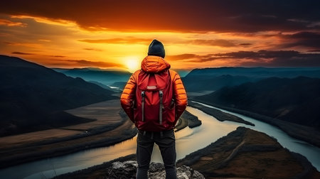 Single man with backpack hiking in mountainsの素材