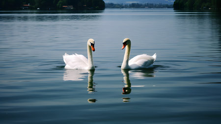 Two white swans in romantic love at the lakeの素材