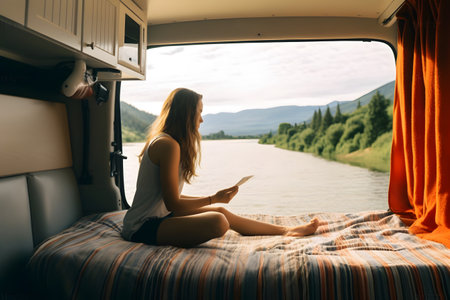 Photo for Camper girl relaxing inside the camper van at riverside. - Royalty Free Image