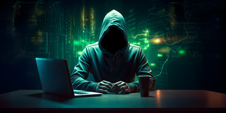 Anonymous hacker with computer laptop. Concept of hacking cybersecurity, cybercrime, cyberattack, dark web, etc.の素材