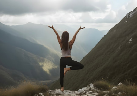 Back view of young woman doing standing pose yoga outdoor. Background of beautiful mountains and forestの素材