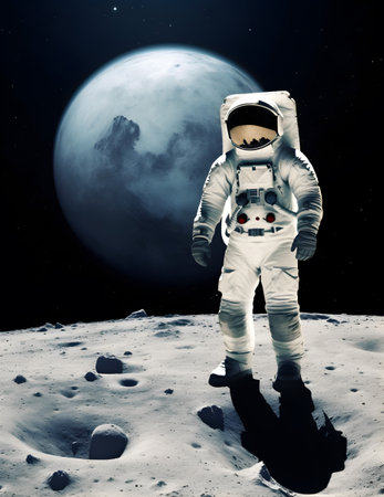 Spaceman or astronaut on the surface of moon with background of the earth.の素材