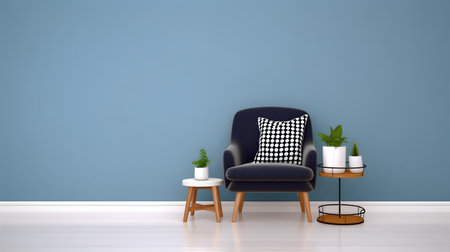 Interior home design. Minimalistic living room decoration. Blue green color.の素材