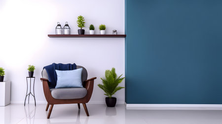 Interior home design. Minimalistic living room decoration. Blue green color.の素材
