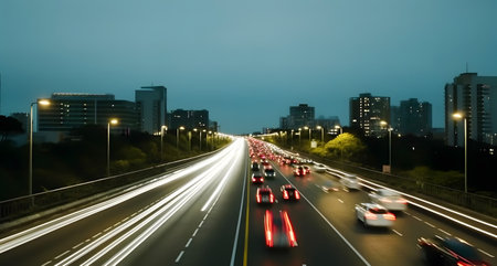Time lapse photography of fast moving vehicle lights on the roads of the city.の素材