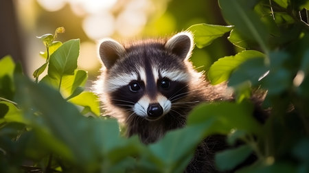 Portrait of a cute raccoon animal in the jungle.の素材