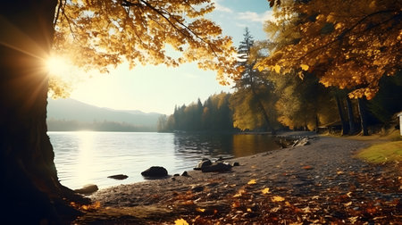 Lake and autumn trees in the eveningの素材