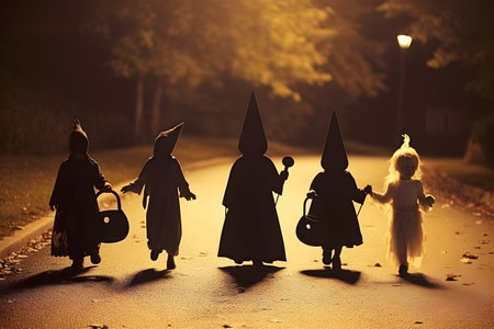 Silhouette of kids in Halloween costumes going trick or treating at spooky nightの素材