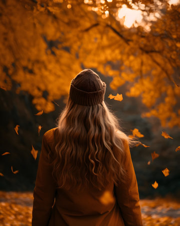Back view of a young girl in warm cloth and hat at autumn seasonの素材