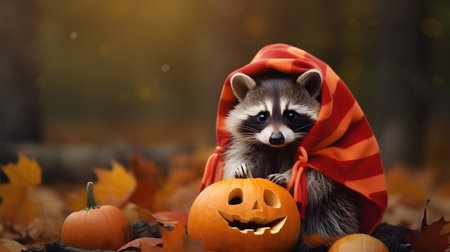 Portrait of a cute raccoon animal, halloween jack o lantern pumpkin and autumn leaves in the jungle.の素材