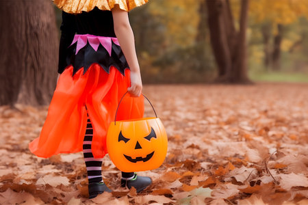 Kid going trick or treating. Low section shot of child in festive Halloween costume with cute jack o lantern basket.の素材