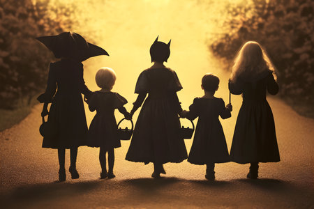 Silhouette of kids in Halloween costumes going trick or treating at spooky nightの素材
