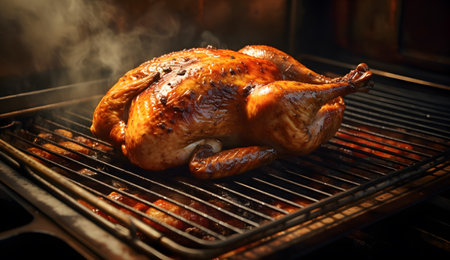 Ready golden roasted whole turkey in the oven, Thanksgiving food preparationの素材