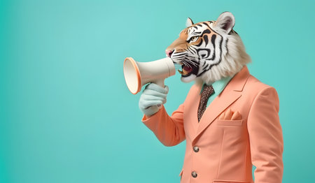 Fashionable human like tiger announcing using hand speaker. Notifying, warning, announcement.の素材
