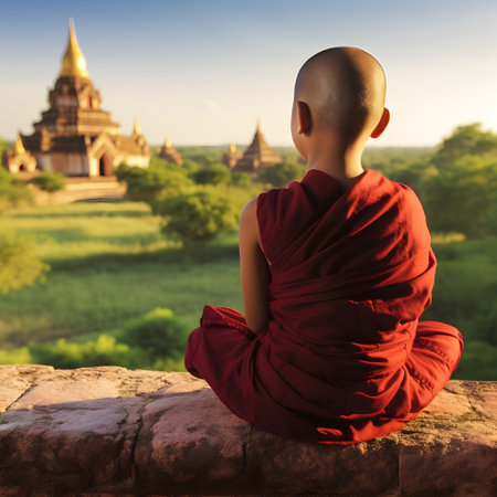 Buddhist young monk in meditation on brick wall in Bagan, Myanmarの素材