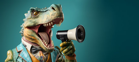 Fashionable human like dinosaur announcing using hand speaker. Notifying, warning, announcement.の素材