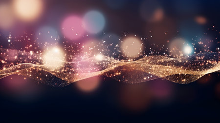 Wave shaped golden glitter bokeh light particles background. Defocused.の素材