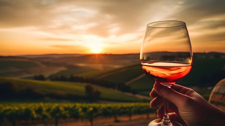 Hand holding a glass of red wine during sunsetの素材
