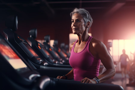 Athletic elderly woman on a treadmill in a gym, doing cardio before workoutの素材