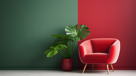 Interior home design. Minimalistic living room decoration. Red and green color.の素材