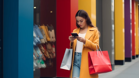 Trendy beautiful young woman carrying bags and shopping online with mobile phoneの素材