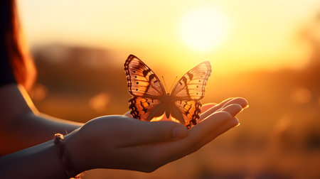 Butterfly on the hand of a woman during beautiful sunsetの素材