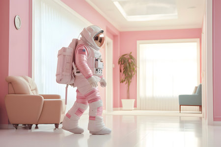 Spaceman or astronaut in a living room. Pastel colorの素材