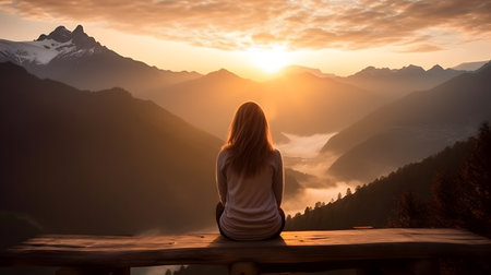 Back view of a hipster girl sitting, with background of beautiful mountains sceneの素材
