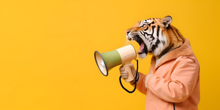 Human like tiger announcing using hand speaker. Notifying, warning, announcement.の素材