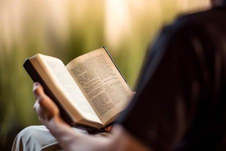 Back view of a man reading holy bible book. Focus is on the book. Worship at home.の素材