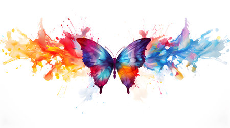 Artwork of colorful and smoky butterfly shaped painting on white backgroundの素材