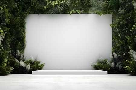 White mockup frame wall decorated by green plants and leaves, copy spaceの素材