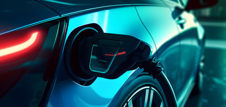 EV charging station for blue green colored electric car in concept of green energy and eco power produced from sustainable source to supply to charger station in order to reduce CO2 emissionの素材