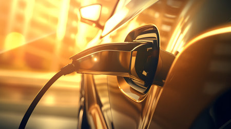 EV charging station for golden electric car in concept of green energy and eco power produced from sustainable source to supply to charger station in order to reduce CO2 emissionの素材