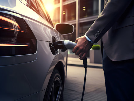A businessman charging his electric carの素材