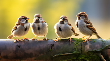 Flock of tree sparrows resting on the branch in a gardenの素材