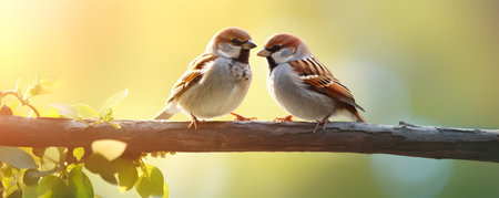 Two tree sparrows resting on the branch in a gardenの素材