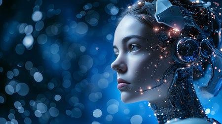 Portrait of beautiful female robot with artificial intelligence.の素材