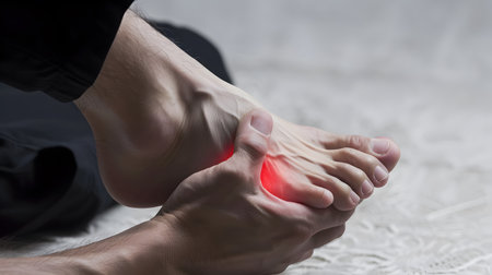 Inflammation at the foot of Asian man. Concept of foot pain, tendonitis , ligament injury, etc.の素材