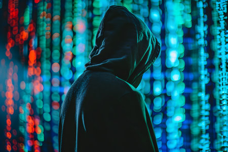 Back view of anonymous hacker with hoodie. Concept of hacking cybersecurity, cybercrime, cyberattack, dark web, etc.の素材