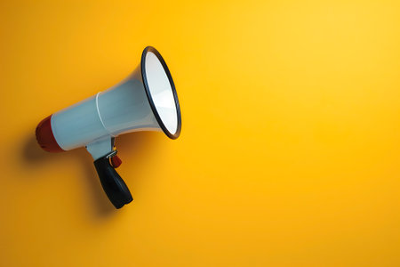 Megaphone or hand speaker isolated on yellow color background with copy spaceの素材