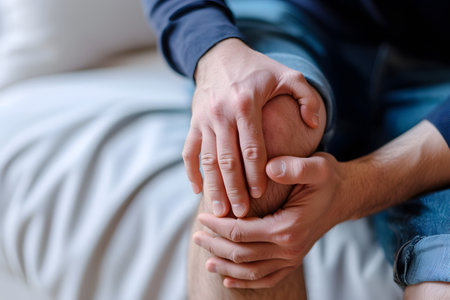 Unilateral knee joint pain in Caucasian man. Concept of osteoarthritis, rheumatoid arthritis, patellar tendonitis, prepatellar bursitis, collateral ligament injury or baker cyst.の素材