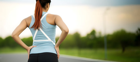 Asian young sportswoman suffering from low back and loin pain.の素材