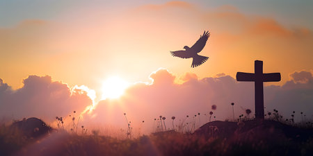 Silhouette of Christian Cross and a flying bird with a sunrise sky background. Resurrection conceptの素材