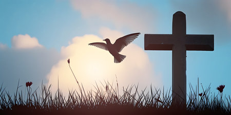 Silhouette of Christian Cross and a flying bird with a sunrise sky background. Resurrection conceptの素材