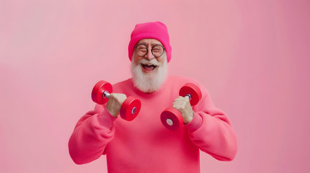 A senior Caucasian man doing exercise with dumbbellの素材