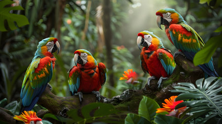 Macaw parrot birds on the branch of tree in the jungleの素材