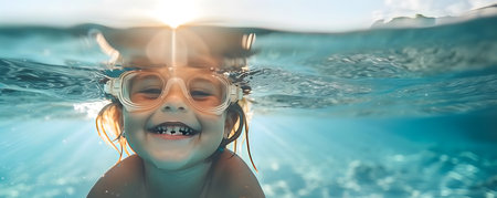 Cute child with goggles swimming underwater in the seaの素材