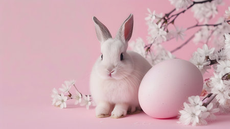 Cute rabbit, easter egg and flowers. Concept and idea of happy easter day.の素材