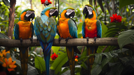 Macaw parrot birds on the branch of tree in the jungleの素材